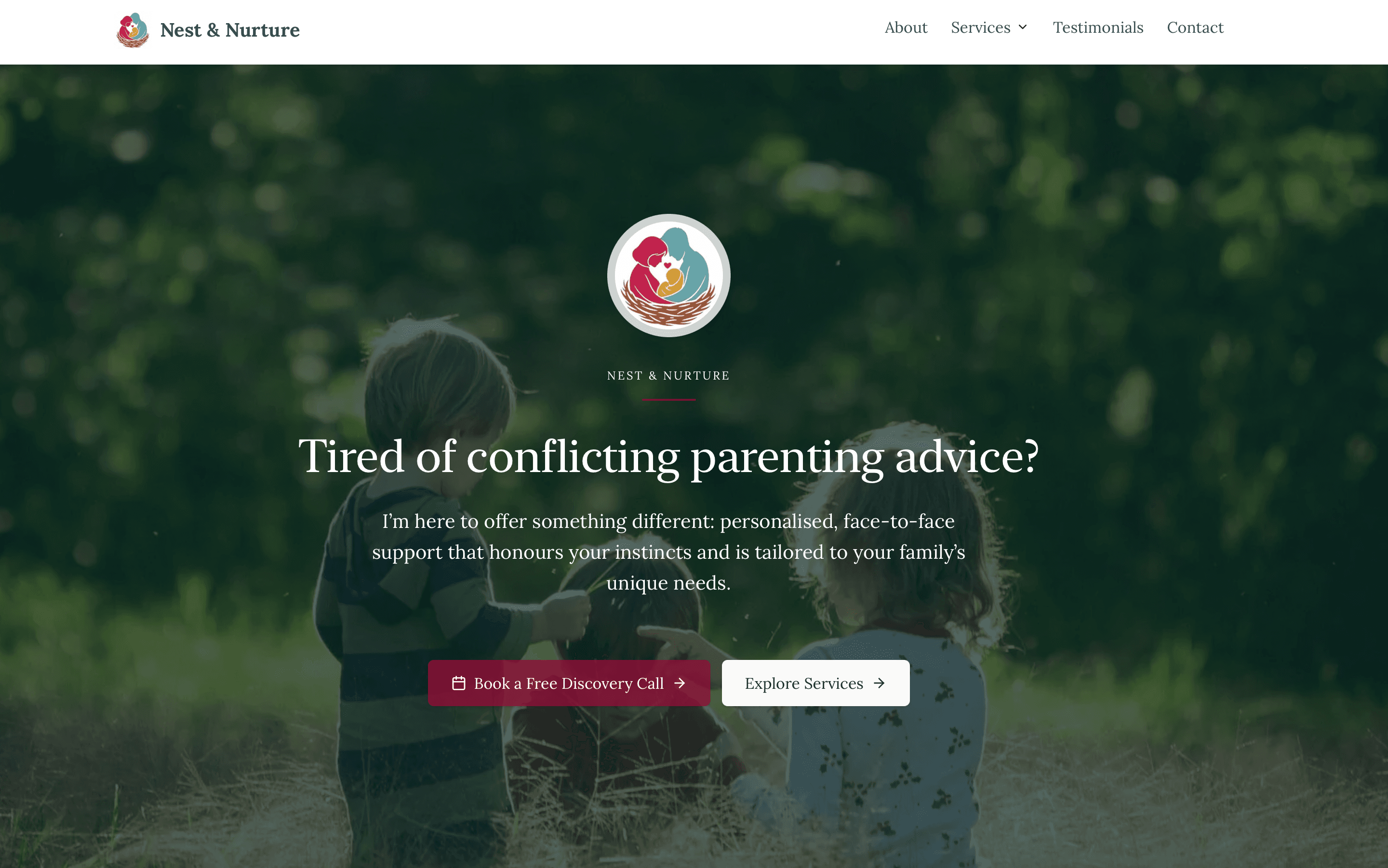 Nest & Nurture homepage with service navigation and a booking link