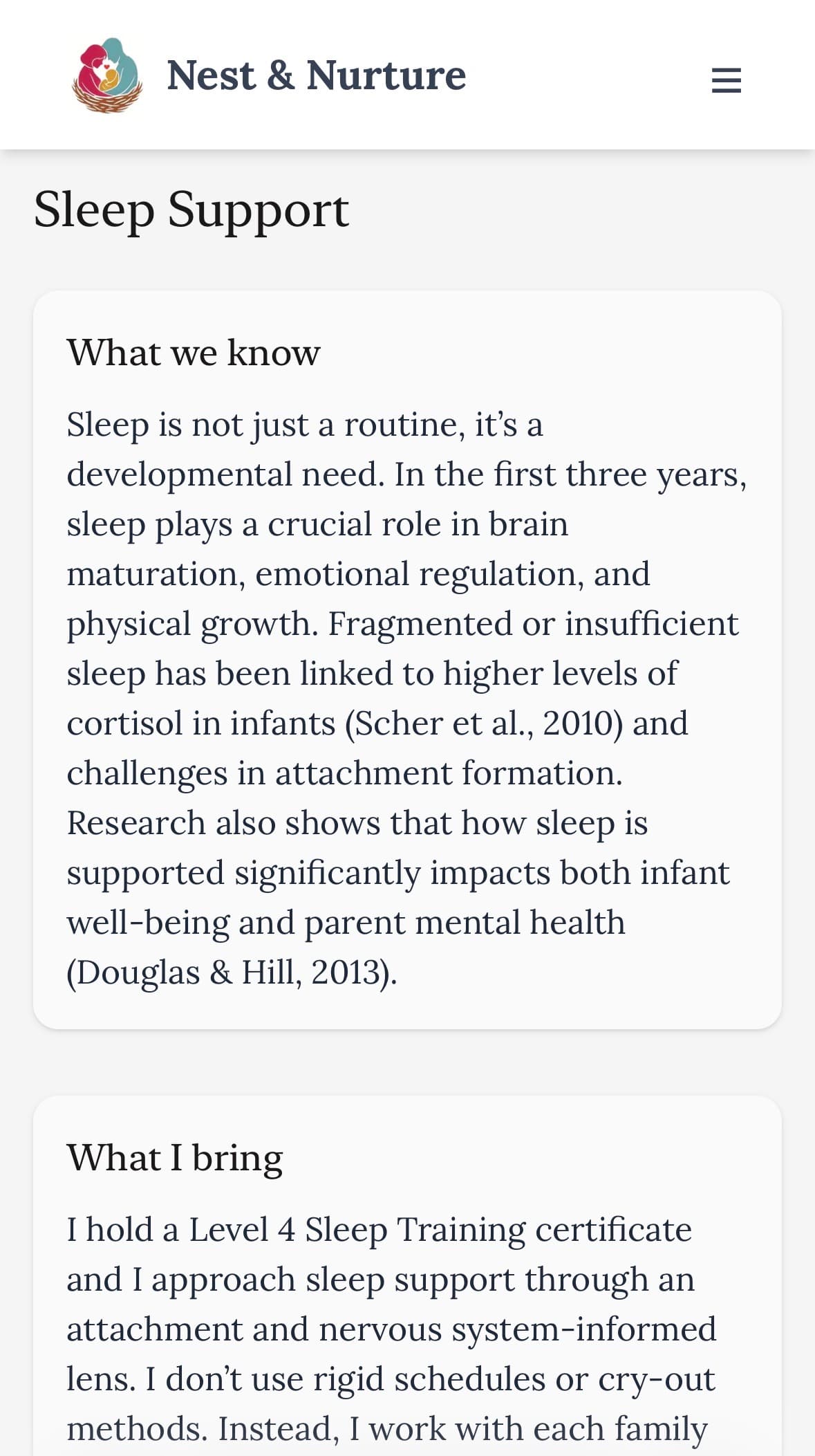 Nest & Nurture service page displayed on mobile
