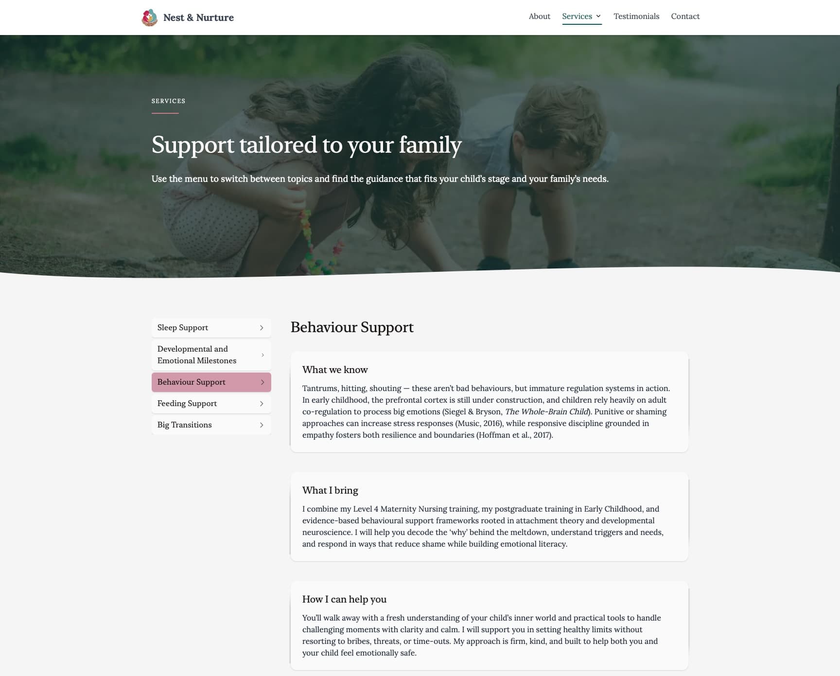 Nest & Nurture service page with navigation between support areas